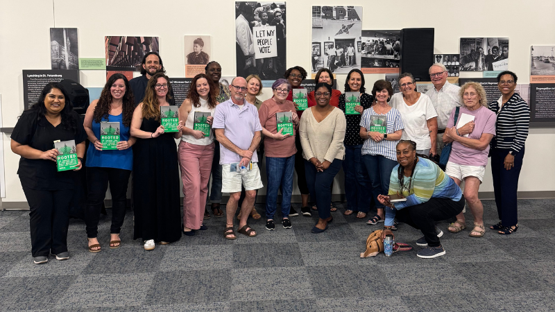 members gathered at the social justice book club