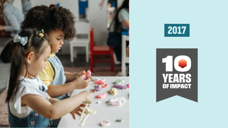image of two young children attending preschool with 10-year symbol next to it